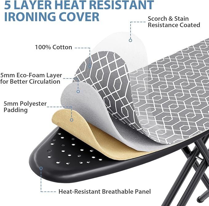 KINGBOARD Foldable Ironing Board Full Size, Iron and Ironing Board Set Standard Size, Iron Boards with Ironrest & Adjustable Height,Heavy Duty Iron Table Stand with Metal Legs &Thick Cover,43x13 Gray