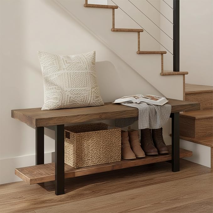 Alaterre Furniture Pomona Entryway Organizer – Modern Rustic 48-Inch Solid Wood Entryway Bench with Open Bottom Storage Shelf – Farmhouse Hallway Seating for Mudroom or Foyer (Rustic Brown)