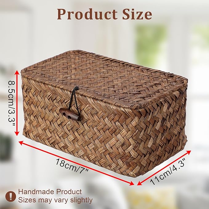 Handwoven Seagrass Basket Wicker Shelf Basket with Lid Rectangular Multipurpose Desktop Organizer Bin for Key Remote Control, Small,7.0" x 4.3" x 3.3"