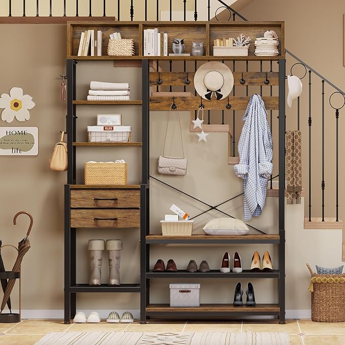 Itaar Hall Tree with Bench and Shoe Storage, 7-in-1 Entryway Bench with Coat Rack, 3 Storage Cubbies, 3 Open Shelves, 17 Coat Hooks, 2 Fabric Drawers (Rustic Brown)