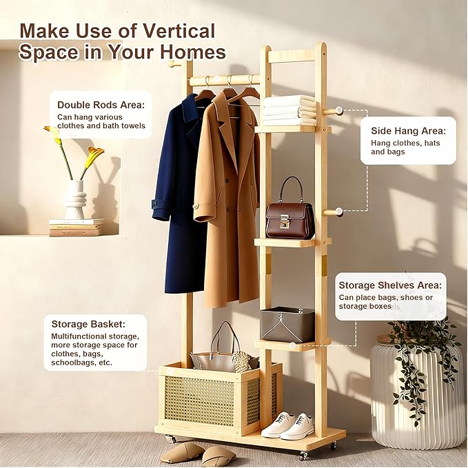 Solid Wood Coat Rack Clothing Rack with Wheels, Clothes Rack Freestanding with Storage, Heavy Duty Garment Rolling Rack Hall Tree with 4 Shelves & 4 Hooks for Entryway Hallway Office