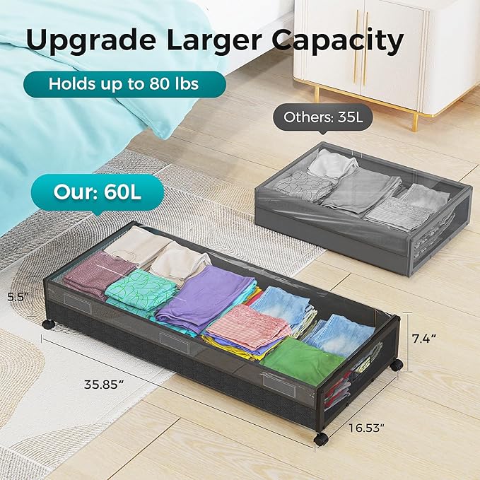 oylik Large Under Bed Storage with Wheels, Metal Under Bed Storage Containers with Clear Lid, Handle, Rolling Under Bed Shoe Storage Drawers, Under Bed Storage Bins for Clothes Shoes Books, 2 Pack