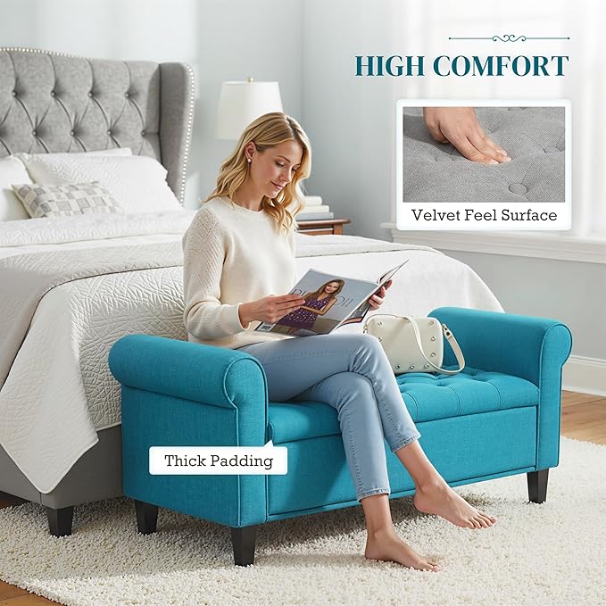 HOMCOM 50" Storage Ottoman Bench, Upholstered End of Bed Bench with Rolled Arms, Wood Legs, Button Tufted Storage Bench with Safety Hinges for Living Room, Entryway, Bedroom, Teal
