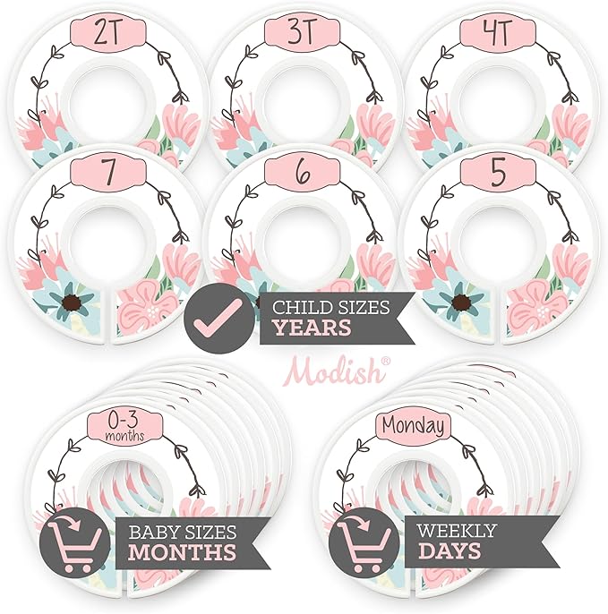 Kids Closet Organizers and Storage, Baby Toddler Child Hanging Clothes Size Dividers: Months & Years, Kids Clothes Organizer, Girl Boho Chic Vintage Pink Floral Baby Nursery and Children Room Décor