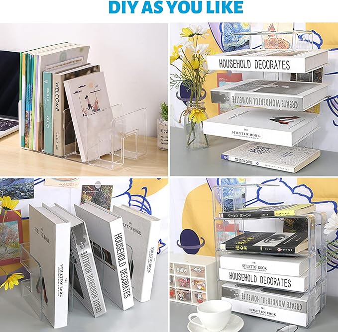 Lemical Clear Acrylic File Sorter 2 Pack Handbag Clutch Purse Organizer Acrylic Shelf Divider Drawer Organizers for Clothes Pouch Notebooks Stand Bookshelf Cooking Utensil (2Pack-4Sections)