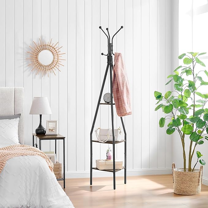 Hoctieon 3-Tier Coat Rack Freestanding with Shelves, Industrial Coat Stand with Storage, Mordern Coat Tree Free Standing for Clothes, Hats, Bags, Grey