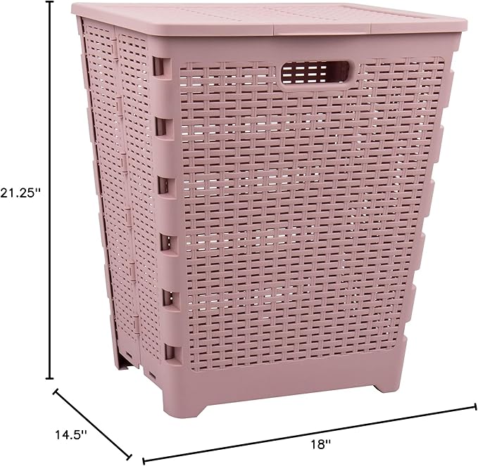 Mind Reader 61L Foldable Laundry Hamper, Clothes Basket, Lid, Wicker Design, Plastic, 18"L x 14.5"W x 21.25"H, Pink