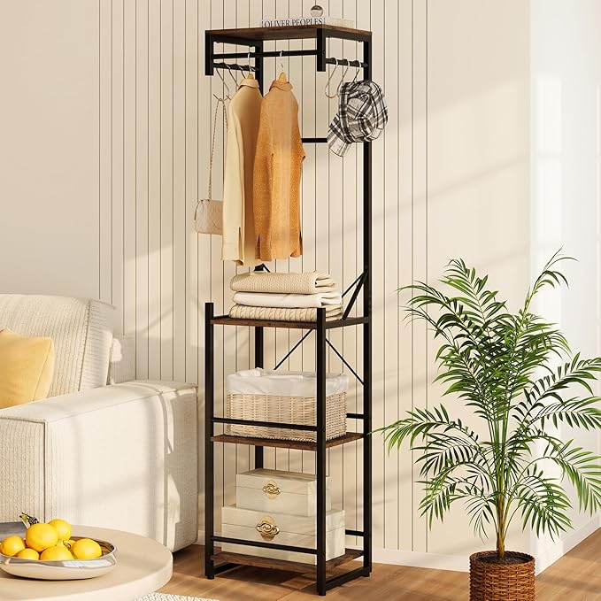 Tangkula Industrial Narrow Coat Rack Freestanding, Slim Hall Tree with 4 Storage Shelves, 6 Hooks & 3 Hanging Rods, Heavy-Duty Metal Clothes Rack Stand Organizer for Entryway, Hallway, Bedroom