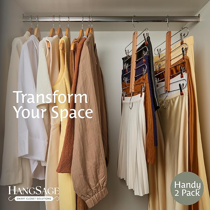 HANGSAGE Skirts Hangers, 2-Pack Space-Saving Beechwood & Metal Skirt Holder, 4 Tiers, 360° Swivel Hook & Adjustable Multi-Clip Design, Elegant Closet & Wardrobe Organizer