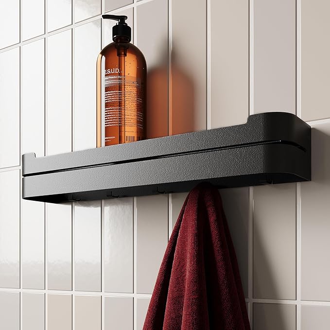 Wall Coat Rack with Floating Shelf – Modern Design in Black Metal – Coat Rack Entrance, Hallway, Bathroom or Bedroom – Bathroom Wall Shelf without Drilling or Screwing – Kitchen Wall Shelves
