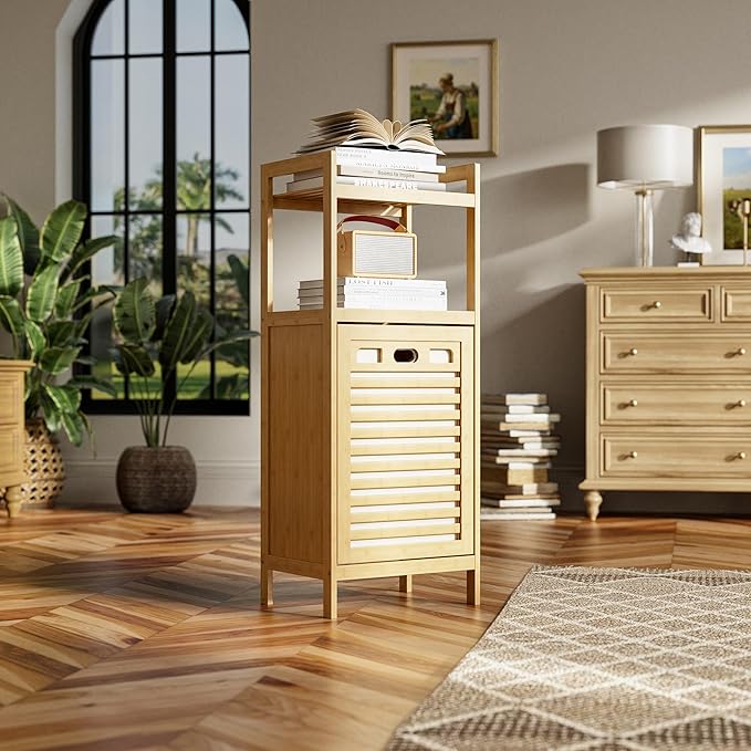 HITNET Tilt Out Laundry Hamper, Bamboo Laundry Basket with Foldable Bag and 2 Open Shelves, Freestanding Clothes Storage Organizer for Bedroom, Bathroom, Living Room, Natural