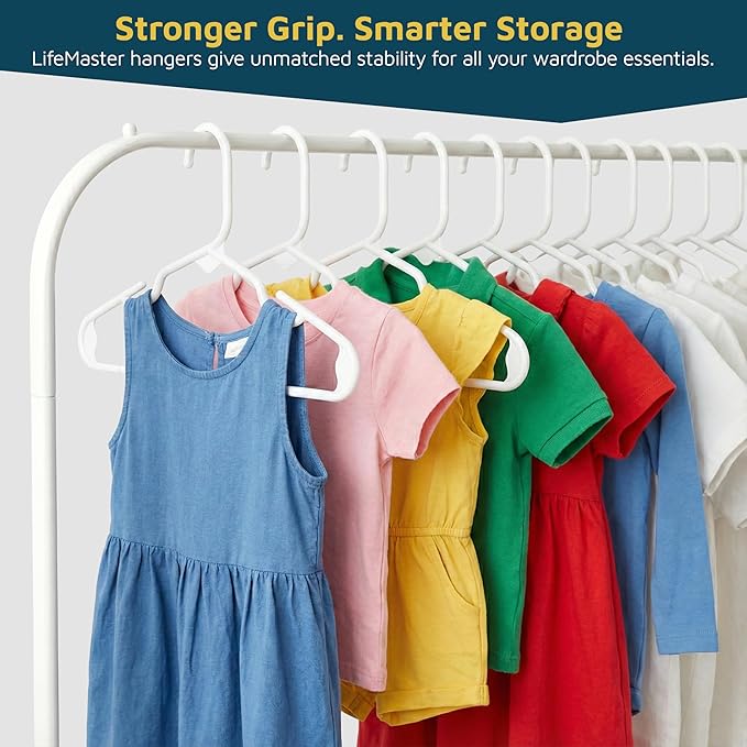Lifemaster Plastic Kids Clothes Hanger – Children Clothes Hanger with Shoulder Notch, 11.6 Inch Space-Saving Closet Organizer for Baby, Toddler, and Kids Clothing, Hold Up to 5 lbs, Pack of 30, White