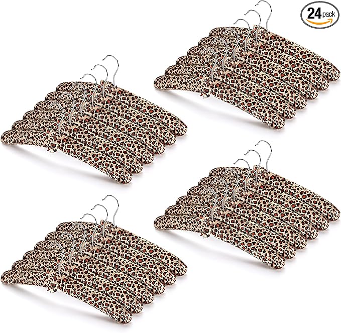 Jetec 24 Pieces Satin Padded Hangers with 360° Swiveling Hook Sponge Shoulder Pads Hanger for Coat, Sweaters, Blouse, Wedding Dress, Women Cloths(Leopard Style)