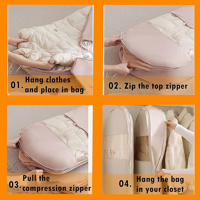 Space Saving Hanging Garment Bag with Self Compression Zipper, Suit Cover Bags, Heavy Duty Jackets & Parkas Storage, Dust Cover, Closet Organizer for Storage (Pink,3PCS(M+L+XL))