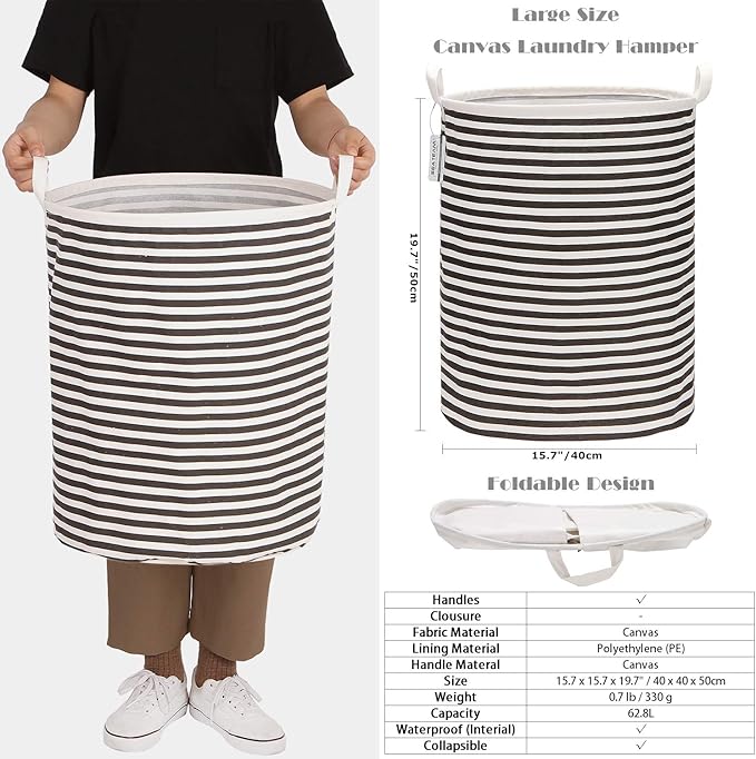 Sea Team 19.7 Inches Large Sized Waterproof Coating Ramie Cotton Fabric Folding Laundry Hamper Bucket Cylindric Burlap Canvas Storage Basket (19.7", Black & White Stripe)