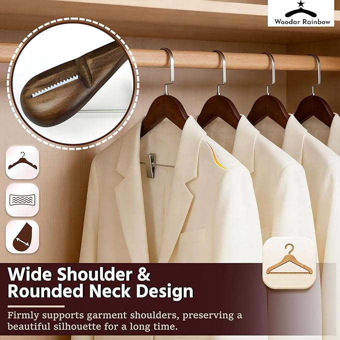 Luxury Wide Shoulder Wooden Coat Hangers with Pants Bar, Clips, Solid Wood Jacket Clothes Hangers Smooth Finish for Sweater Suit Dress Pants Sport Coats (Dark Brown, 6 Pack)
