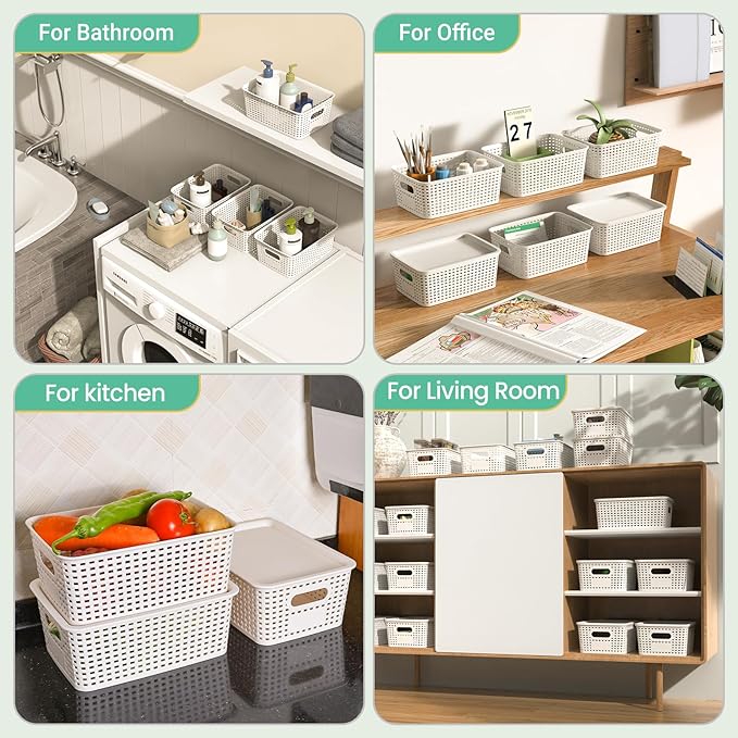 Plastic Storage Baskets with Lid - Plastic Storage Containers Stackable Storage bins: Storage Baskets for Organizing Shelves Drawers Desktop Closet Playroom Classroom Office, 8 Pack-White
