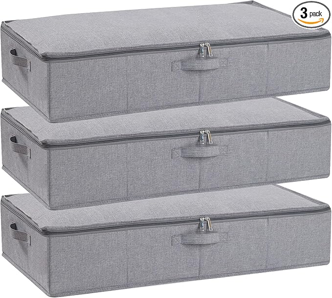 Underbed Storage Organizers, 31.5 x 15.7 x 5.9 Inch Container Bags with Lids, Storage Boxes With Handles for Blanket, Pillows, Shoes, Grey, 3 Pack