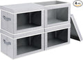 Storage Boxes with Lids - 4 Pack Fabric Clear Window Storage Bins, Large Decorative Storage Bins with Handles, Linen Closet Organizer for Clothes, Towel, Blanket, Light Grey
