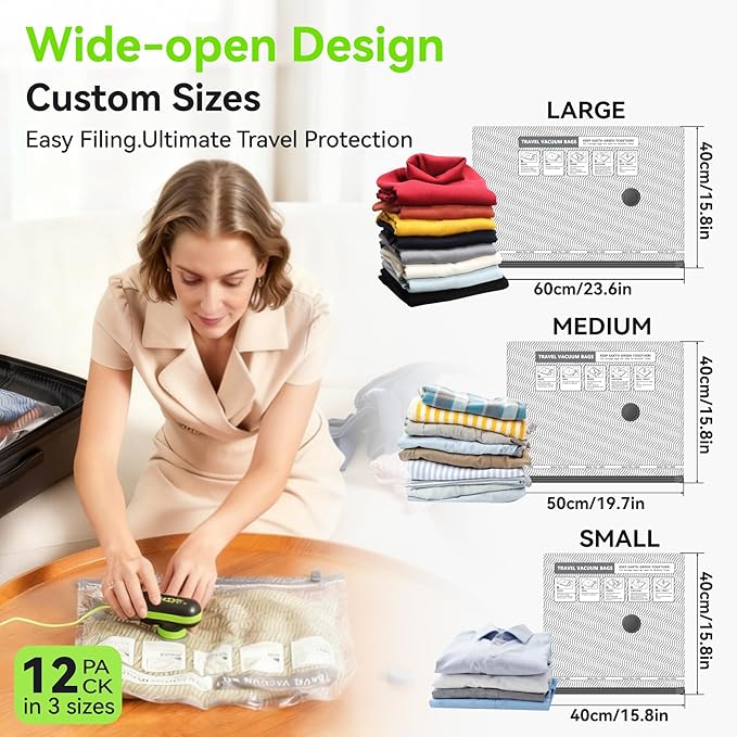 12 Pack Travel Vacuum Bags for Clothing with USB and TYPE C Pump, Compression Seal Packing Cubes for Luggage Suitcase Backpack,Carry-on Size Space Saver Storage Bags for Vacation Cruise（Green）