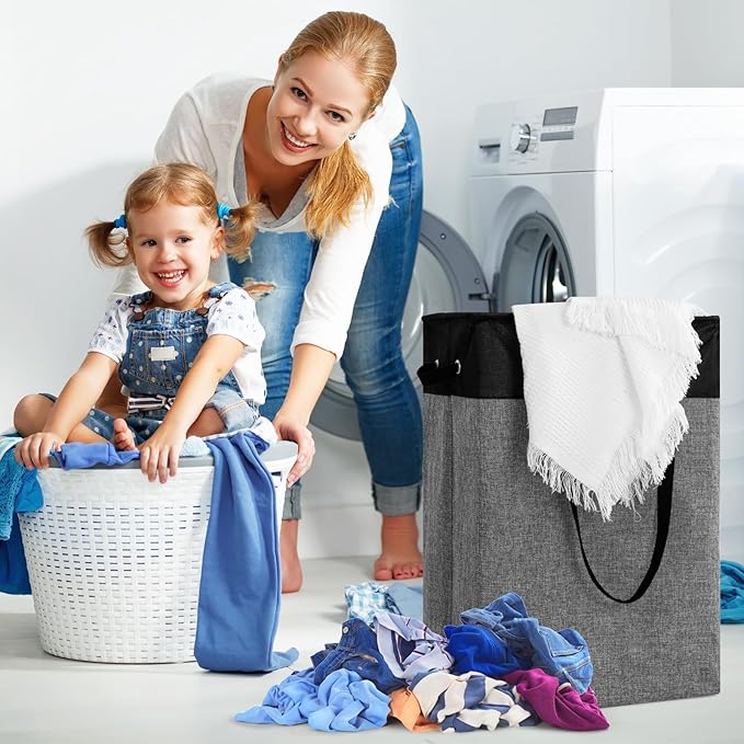 Stero Fabric Laundry Hamper, 75L Large Laundry Basket with Handles, Collapsible Dirty Clothes Hamper for Laundry Dorm, Bedroom, Bathroom, Black&Gray
