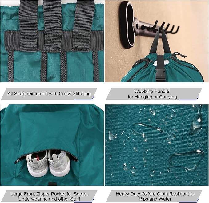BeeGreen Laundry-Bag-Portable-Backpack, Mars Green Nylon Drawstring -Laundry Backpack Heavy Duty Tall Foldable Extra Large Dirty Clothes Travel Bag with Handle College Dorm Apartment Essentials