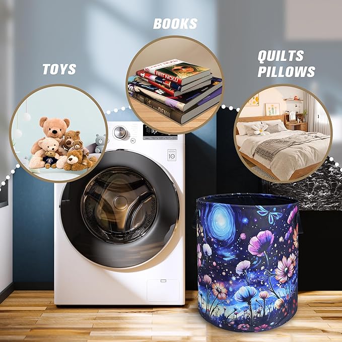 Colorful Flowers Laundry Basket Night Starry Sky Floral Foldable Oxford Cloth Funny Tote Bag Laundry Hamper Clothes Storage Bucket Toy Organizer For Bathroom/Laundry/Bedroom 18.9x16.5 Inch
