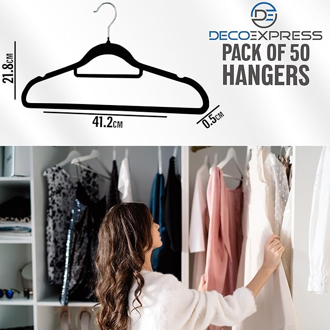 Deco Express Velvet Hangers, Space Saving Non Slip Coat Hangers for Clothes Multipack (Black, 50 Pack)