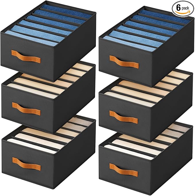 Closet Organizers and Storage - Fabric Clothes Organizer with Handles, Foldable Jeans Organizer for Clothes, Drawer Organizer for Shirts, Bra, Sweater, Scarf, 6 Pack, Black