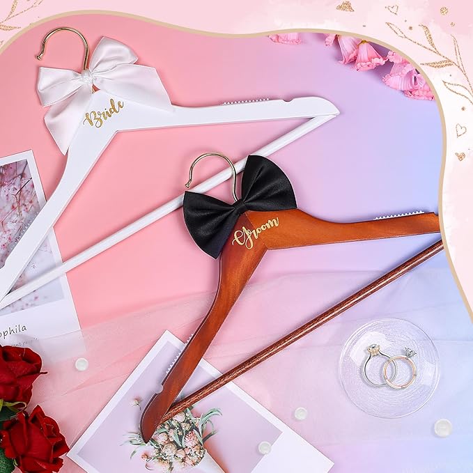 2 Pack Bride and Groom Wedding Hanger Set, Bridal Wedding Dress Hanger with Bow Tie for Wedding Gift Bridal Party & Shower