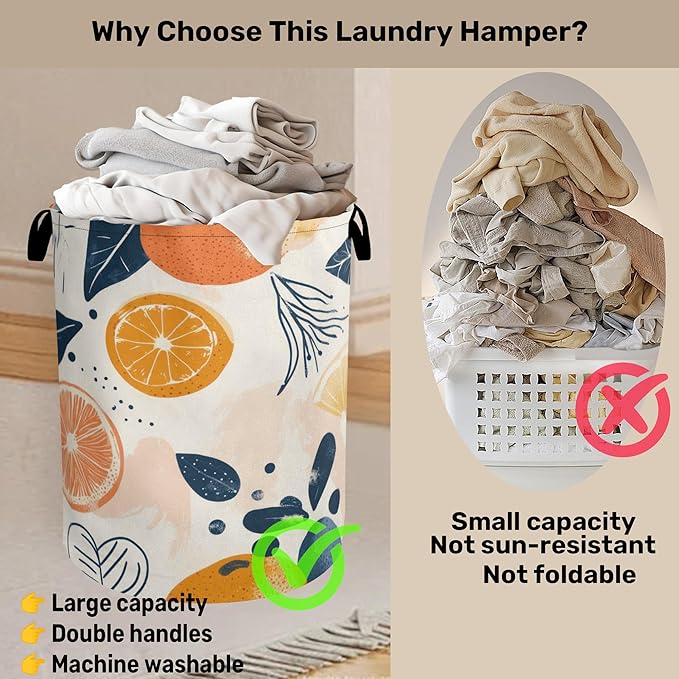 Summer Fruits Orange Laundry Basket with Handles - Extra Large Foldable Hamper for Bathroom/Laundry/Bedroom/Dorm, Washable Fabric Storage Bin