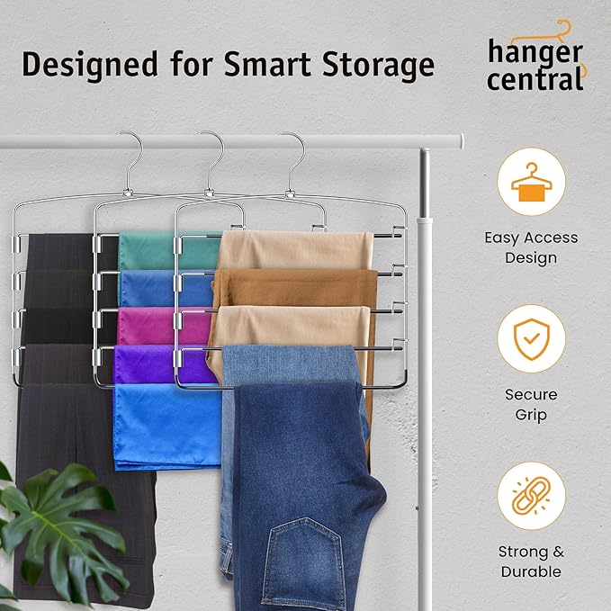 Hanger Central 3 Pack Space Saving Swing Arm Pants Hangers – 5 Tier Stainless Steel Multi-Layer Closet Organizer for Jeans, Slacks, Trousers, Skirts – Non Slip Hangers for Clothes, Black