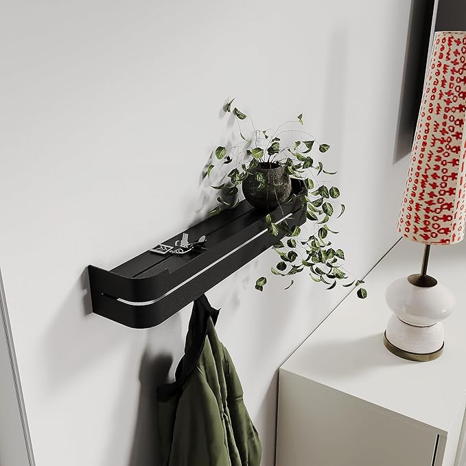 Wall Coat Rack with Floating Shelf – Modern Design in Black Metal – Coat Rack Entrance, Hallway, Bathroom or Bedroom – Bathroom Wall Shelf without Drilling or Screwing – Kitchen Wall Shelves