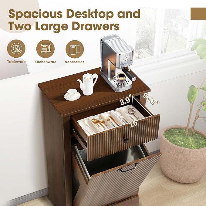 Grepatio Tilt Out Laundry Hamper, Fluted Laundry Hamper Cabinet, 11 Gallon Hidden Trash Can, Wooden Garbage Can Cabinet with Drawer, Free Standing for Bathroom, Kitchen (Brown, Single)