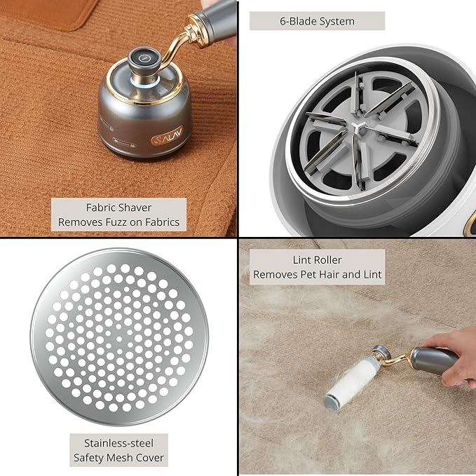 SALAV® Retro Edition Rechargeable Fabric Shaver and Lint Roller with 6-Blade System Removes Fuzz and Piling on Fabrics, with Charging Cable and Mini Brush (Titanium)