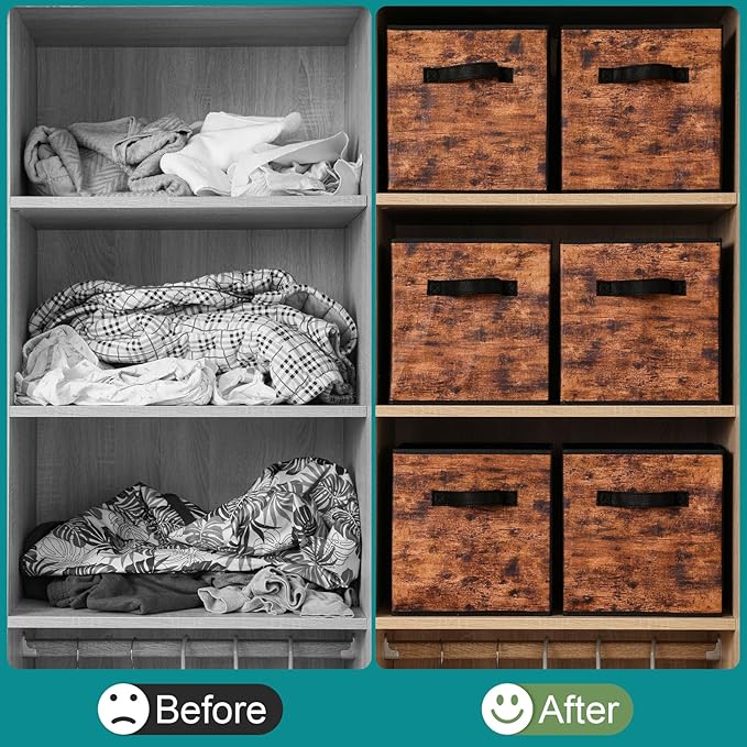 Stero Fabric Storage Cubes, 6 Pack Foldable Storage Bins with Handle, 13 Inch Box for Shelves, Closet, Organizer, Rustic Brown and Black