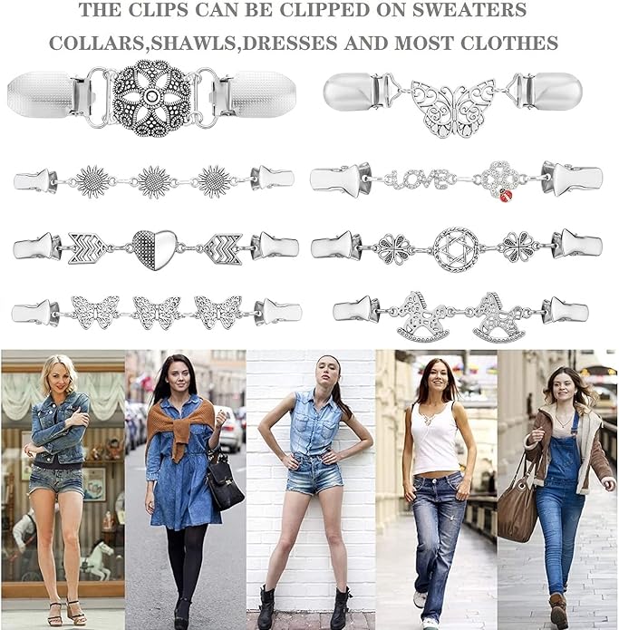 Vintage Sweater Clips Shawl Dresses Shirt Clips Retro Cardigan Collar Chain Clips Brooch Pins for Women