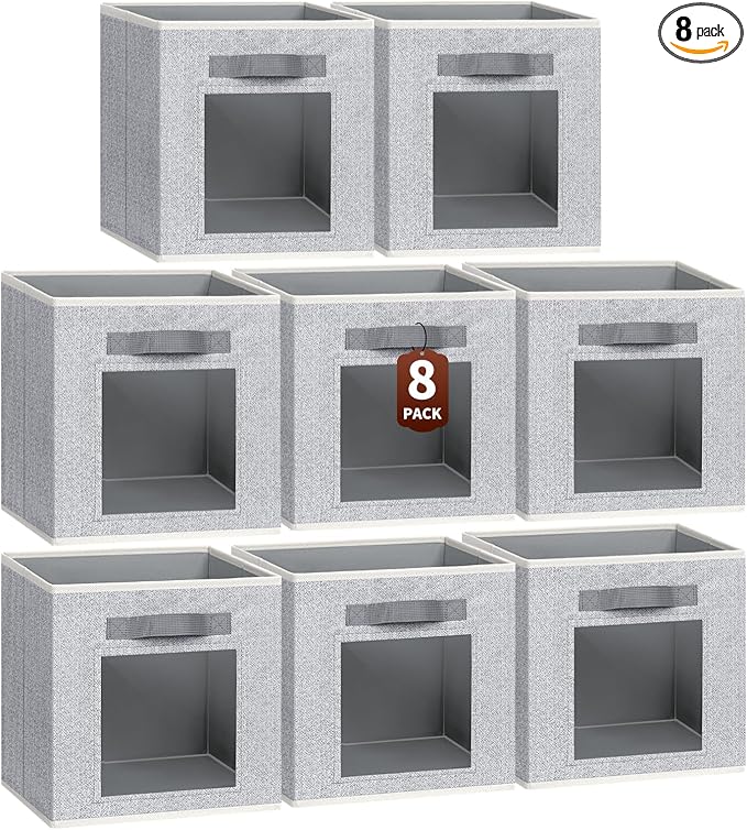 Foldable Storage Cubes - Cubby Storage Organizer with Window, Decorative Fabric Bins for Clothes Storage, Closet Organizers for Shelves, 11inch, Set of 8, Light Grey