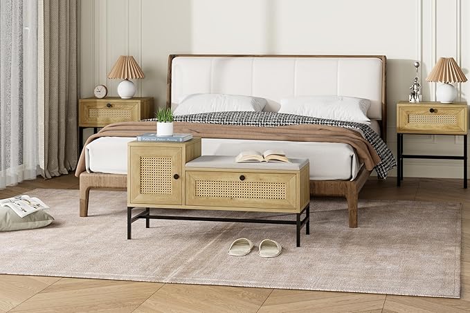 GarveeHome Rattan Shoe Bench with Linen Seat Cushion, Entryway Bench with Storage Cabinet, Wooden Storage Bench for Hallway and Bedroom, Natural Oak