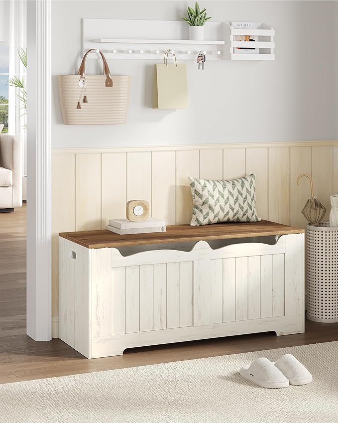 43.3" Storage Chest, Extra Large Storage Bench Trunk with 2 Hinges, Wooden Box, Lift-Top Chest Organizer, Shoe Bench for Entryway, Bedroom, Living Room, White and Brown SB25514X