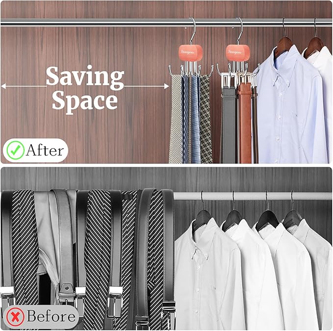 Cedar Wooden Belt Hanger, Belt Organizer for Closet,Rotatable Tie Rack,Belt Holder,Hanging Closet Storage Hook for Belt, Bra, Tank Top, Tie, Scarf, Purse, 2PCS
