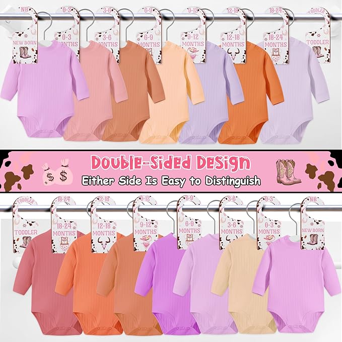 Baby Closet Dividers 8PCS, Western Cowgirl/Wild West Rodeo Themed Wooden Double-Sided Clothes Size Hanger Organizer from Newborn to Toddler for Nursery Decor Baby Shower Birthday Gift Pink