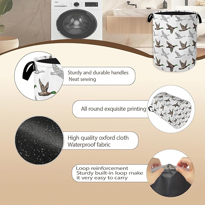 Collapsible Laundry Basket,Mallard Duck Dirty Clothes Hamper,Farmhouse Hampers for Bedroom Waterproof Oxford Cloth Storage Organizer for Bathroom,Nursery,Dorm,16x20 Inch