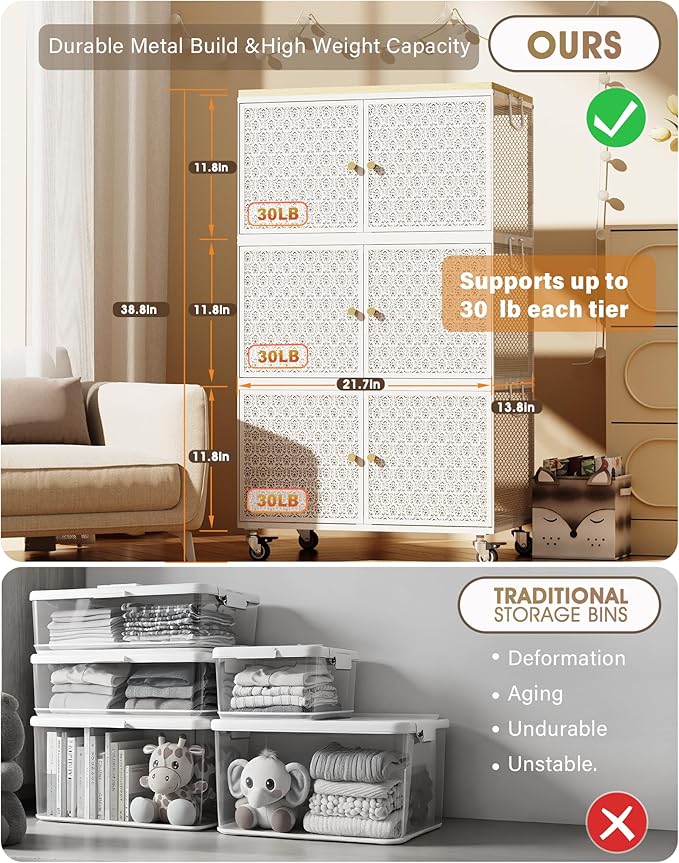 3 Tier Metal Storage Cabinet with wheels, Storage Bins with Magnetic Doors, Storage Cart for Living Room, Bedroom, Bathroom, Kitchen