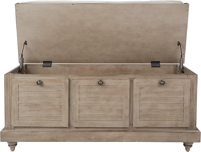 OSP Home Furnishings Dover Coastal Lift-Top Storage Bench with Shutter Face Styling, Antique Grey Finish with Off-White Linen Fabric Cushion