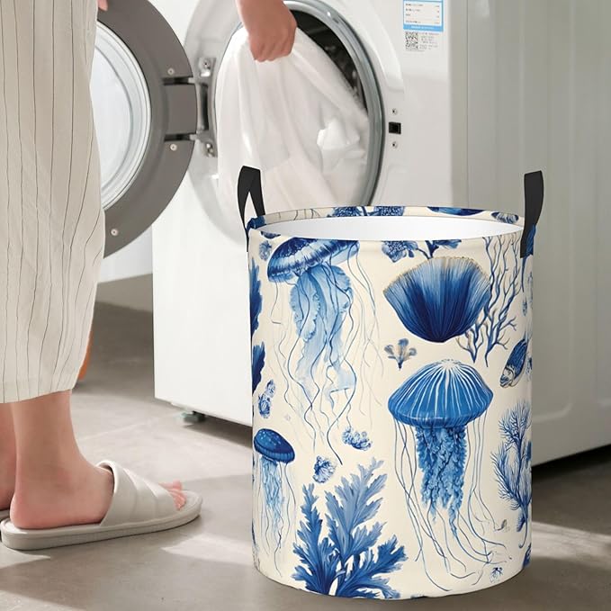 Blue Jellyfish Pattern Laundry Hamper, Collapsible Storage Basket with Handles for Clothes, Bedroom, Bathroom 19.6 x15.7 Inch