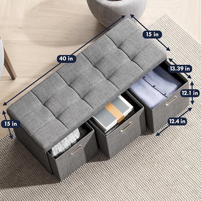 Ornavo Home Storage Ottoman with 3 Drawers, 40 Inches Long Foldable Tufted Linen Large Bench Ottoman with Storage, Foot Rest Stool Seat, for Living Room, Bedroom, Entryway, Gray