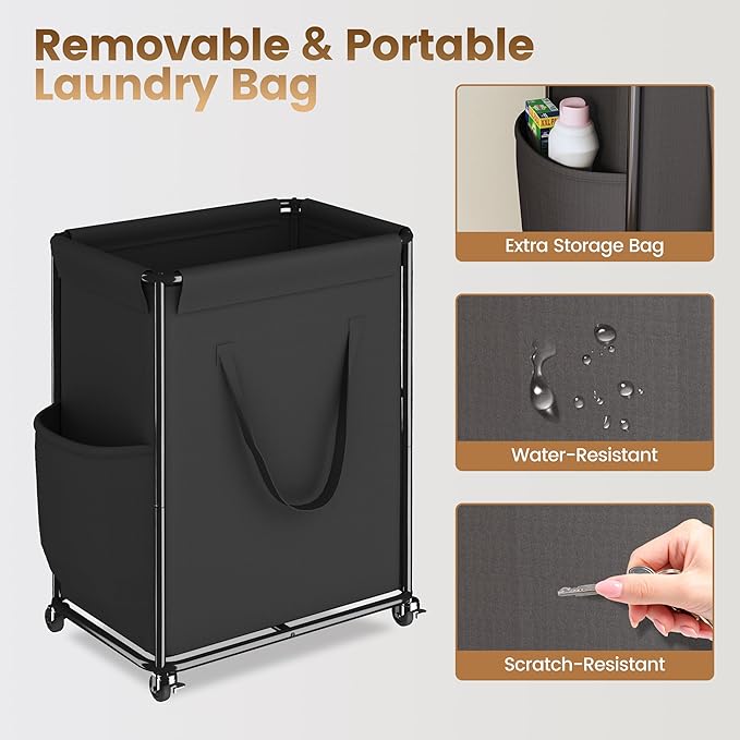 Homeiju 180L Large Laundry Hamper with Wheels, Rolling Laundry Basket with Metal Frame and Removable Bag Design, Dirty Clothes Laundry Cart for Bathroom, Dorm Room, Laundry Room, Black