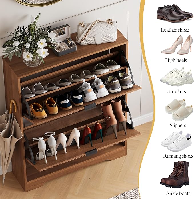 Shoe Cabinet Storage for Entryway with 2 Flip Drawers, Walnut Fluted Shoe Cabinet with Open Storage, Wooden Hidden Shoe Rack Freestanding Narrow Slim Shoes Organizer for Hallway, Entrance