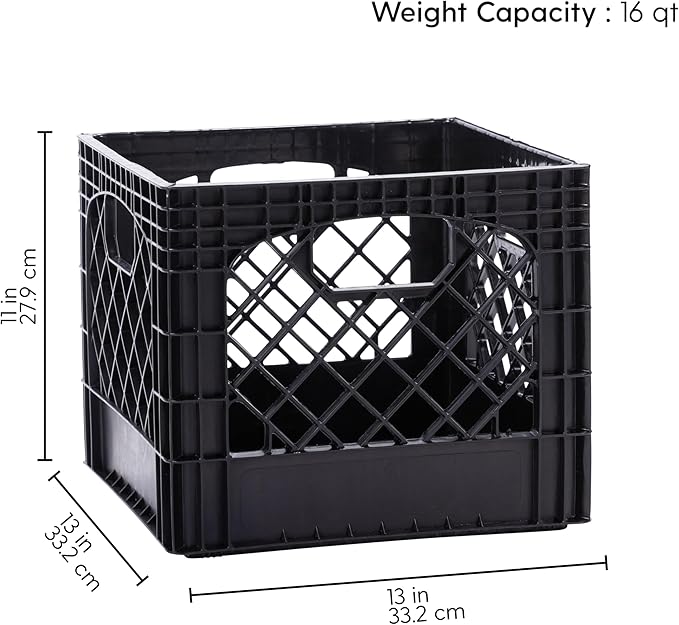 Plastic Milk Crate Storage Tote with Handles, 16-Quart Stackable Cube Organizer for Garage, Home, and Office, Made in the USA, 13" x 13" x 11" (1-Pack) - Black